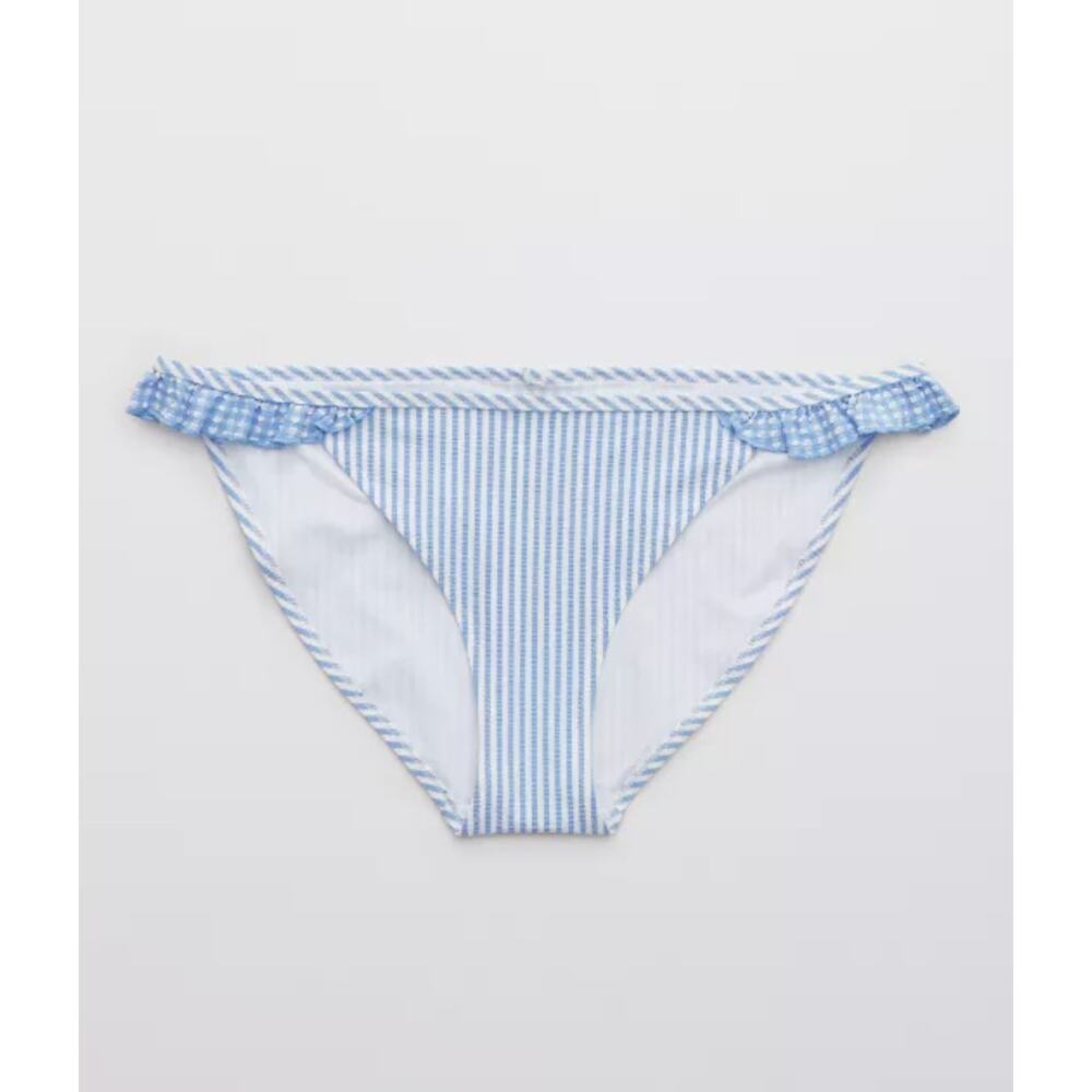 Aerie Blue White Stripe Seersucker Gingham Bikini Swim Bottoms Ruffle NWT Medium